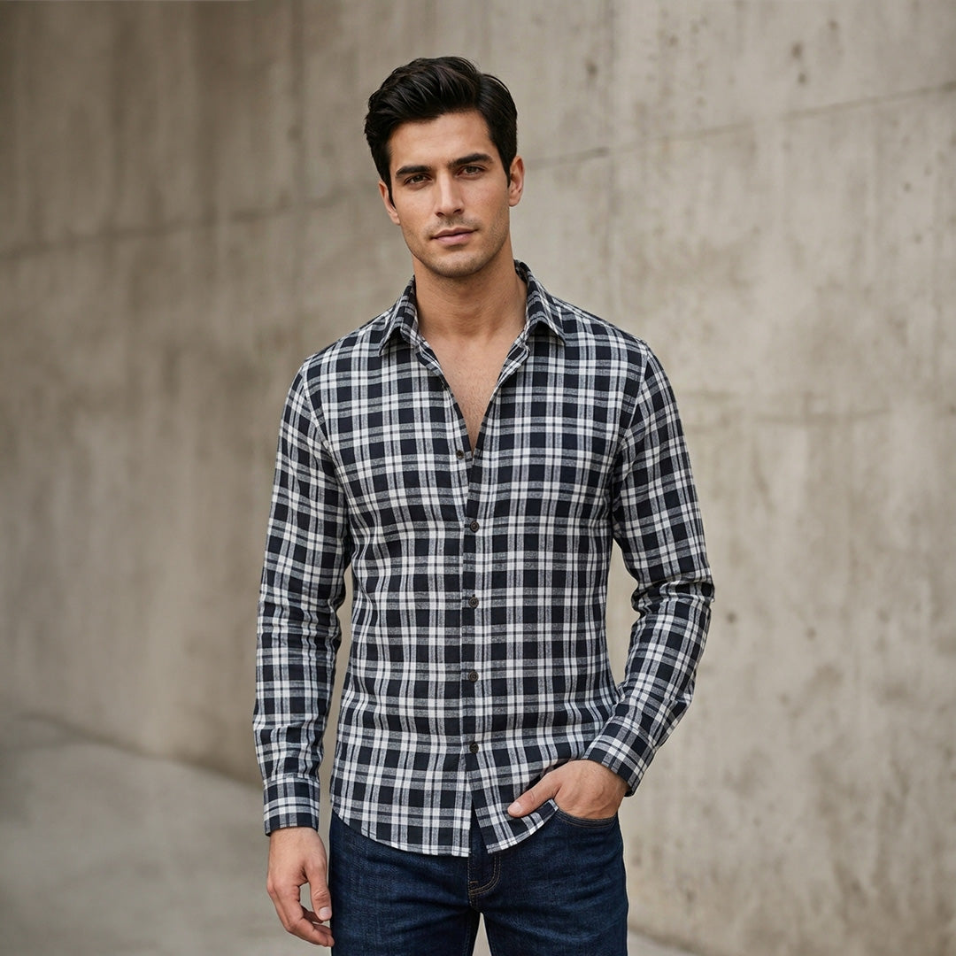 Black & White Plaid Flannel Long-Sleeve Shirt