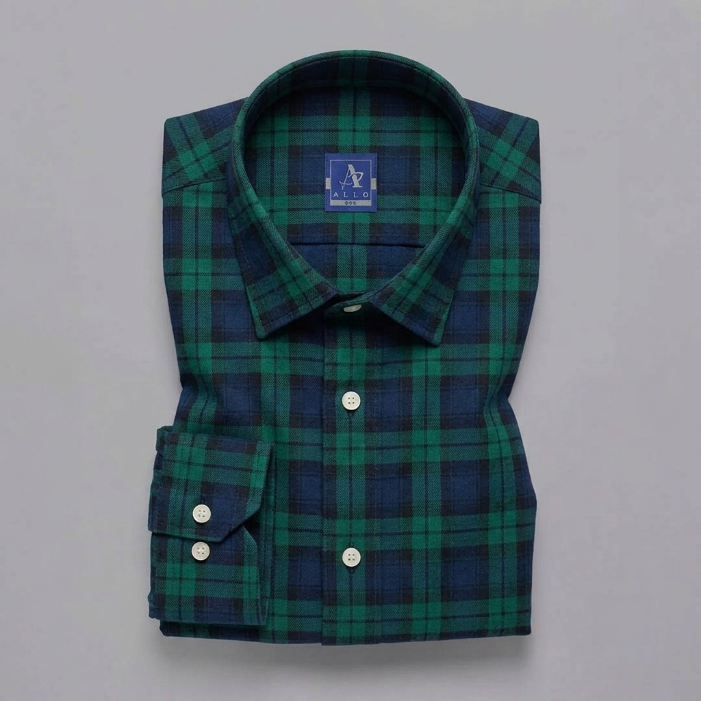 Forest Green & Navy Blue Black Watch Plaid Flannel Long-Sleeve Shirt