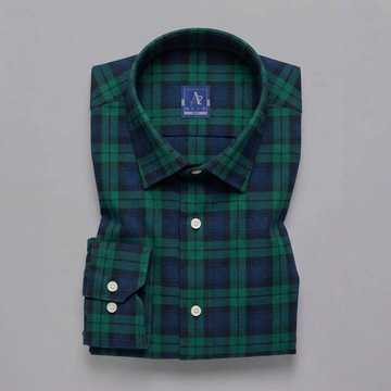 Forest Green & Navy Blue Black Watch Plaid Flannel Long-Sleeve Shirt