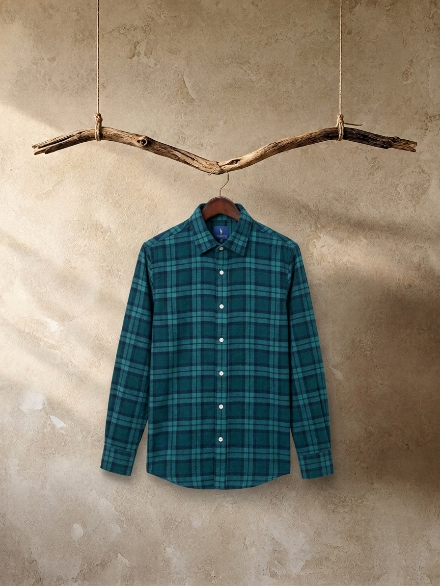 Forest Green & Navy Blue Black Watch Plaid Flannel Long-Sleeve Shirt