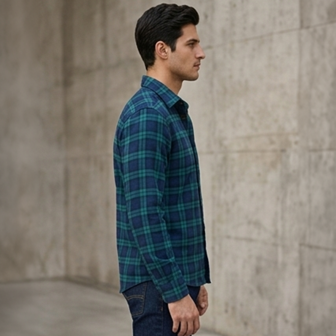 Forest Green & Navy Blue Black Watch Plaid Flannel Long-Sleeve Shirt