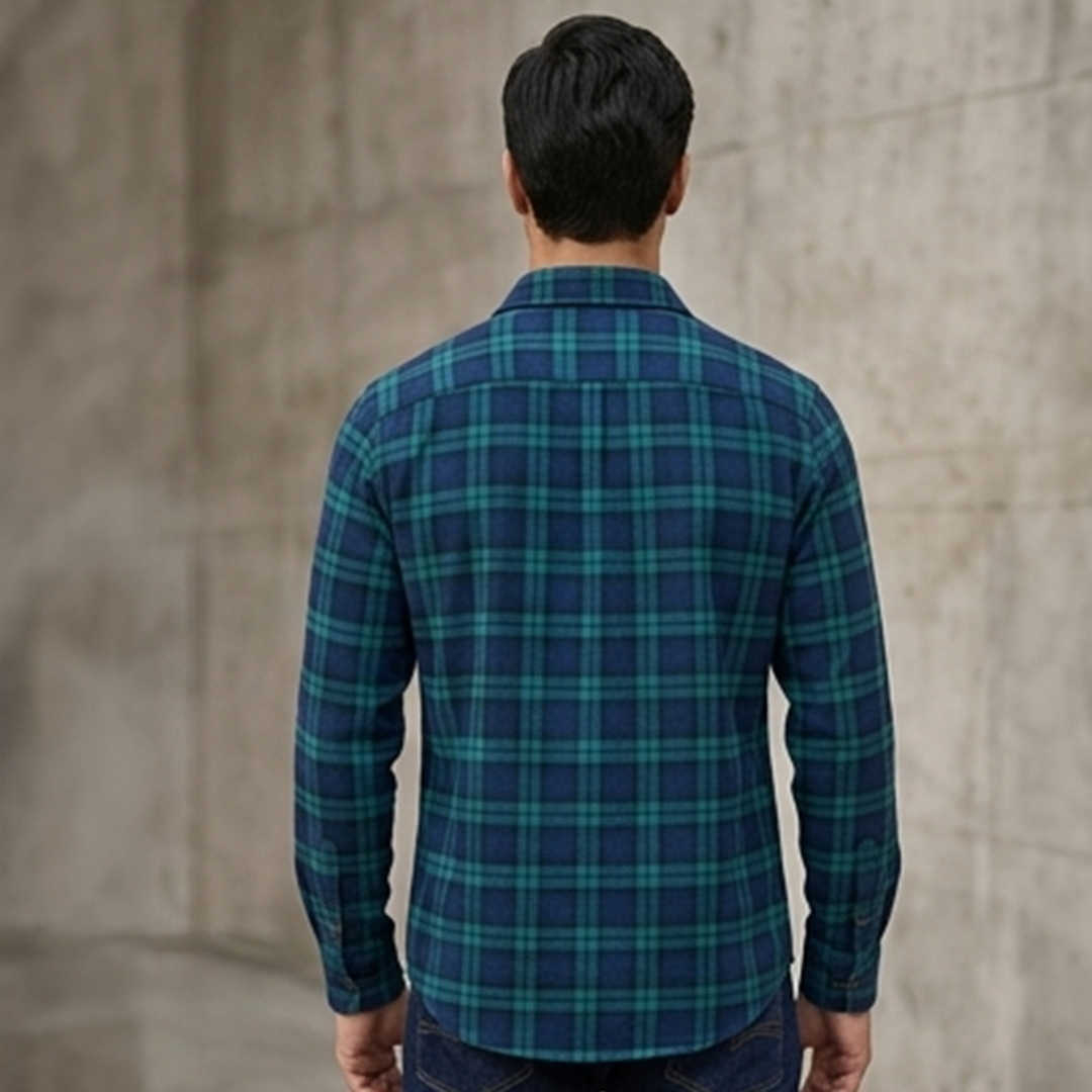 Forest Green & Navy Blue Black Watch Plaid Flannel Long-Sleeve Shirt