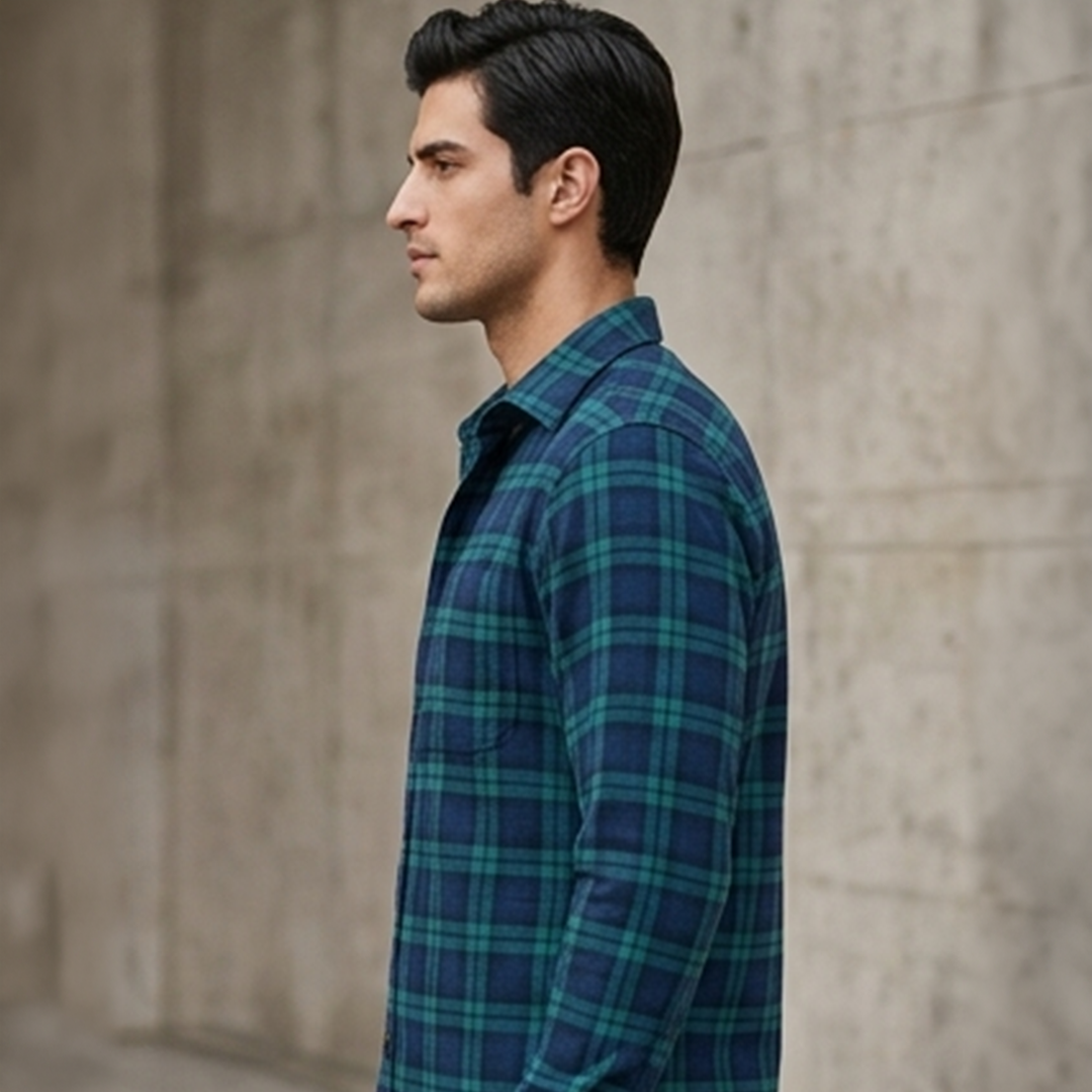 Forest Green & Navy Blue Black Watch Plaid Flannel Long-Sleeve Shirt