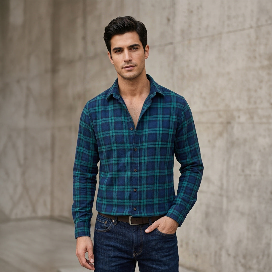Forest Green & Navy Blue Black Watch Plaid Flannel Long-Sleeve Shirt