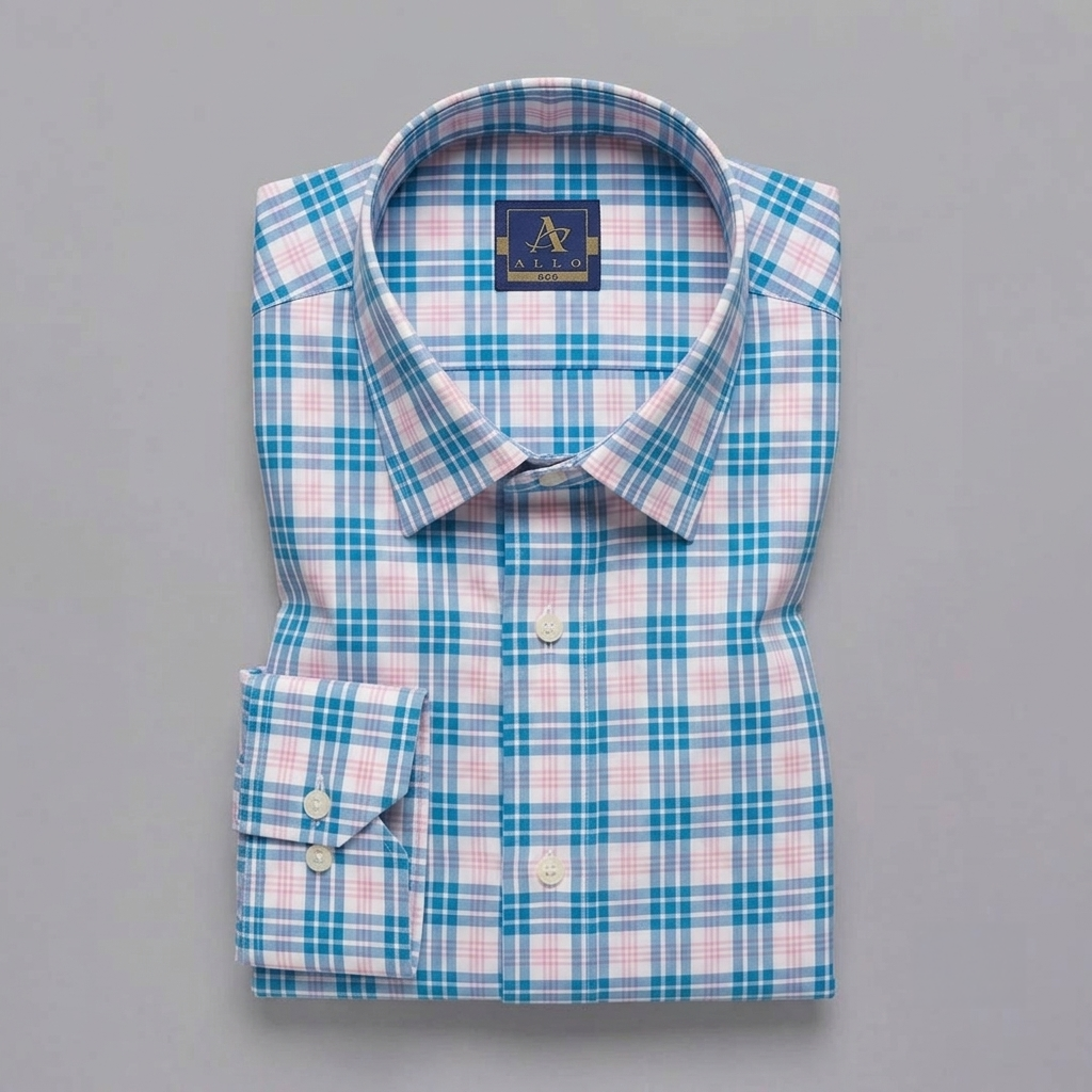 Light Blue and Soft Pink Plaid Check Long-Sleeve Shirt