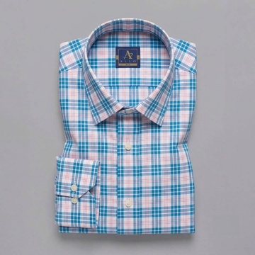 Light Blue and Soft Pink Plaid Check Long-Sleeve Shirt