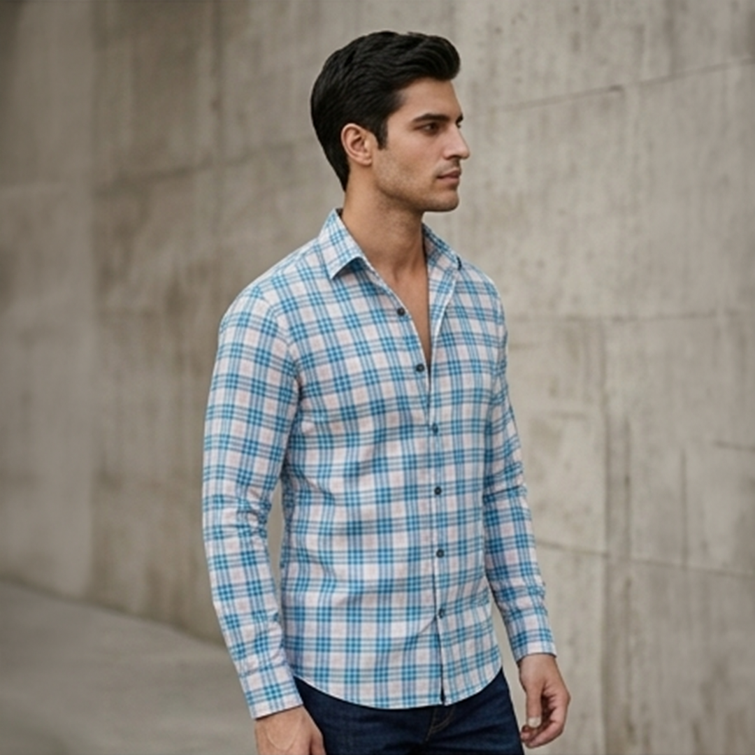Light Blue and Soft Pink Plaid Check Long-Sleeve Shirt