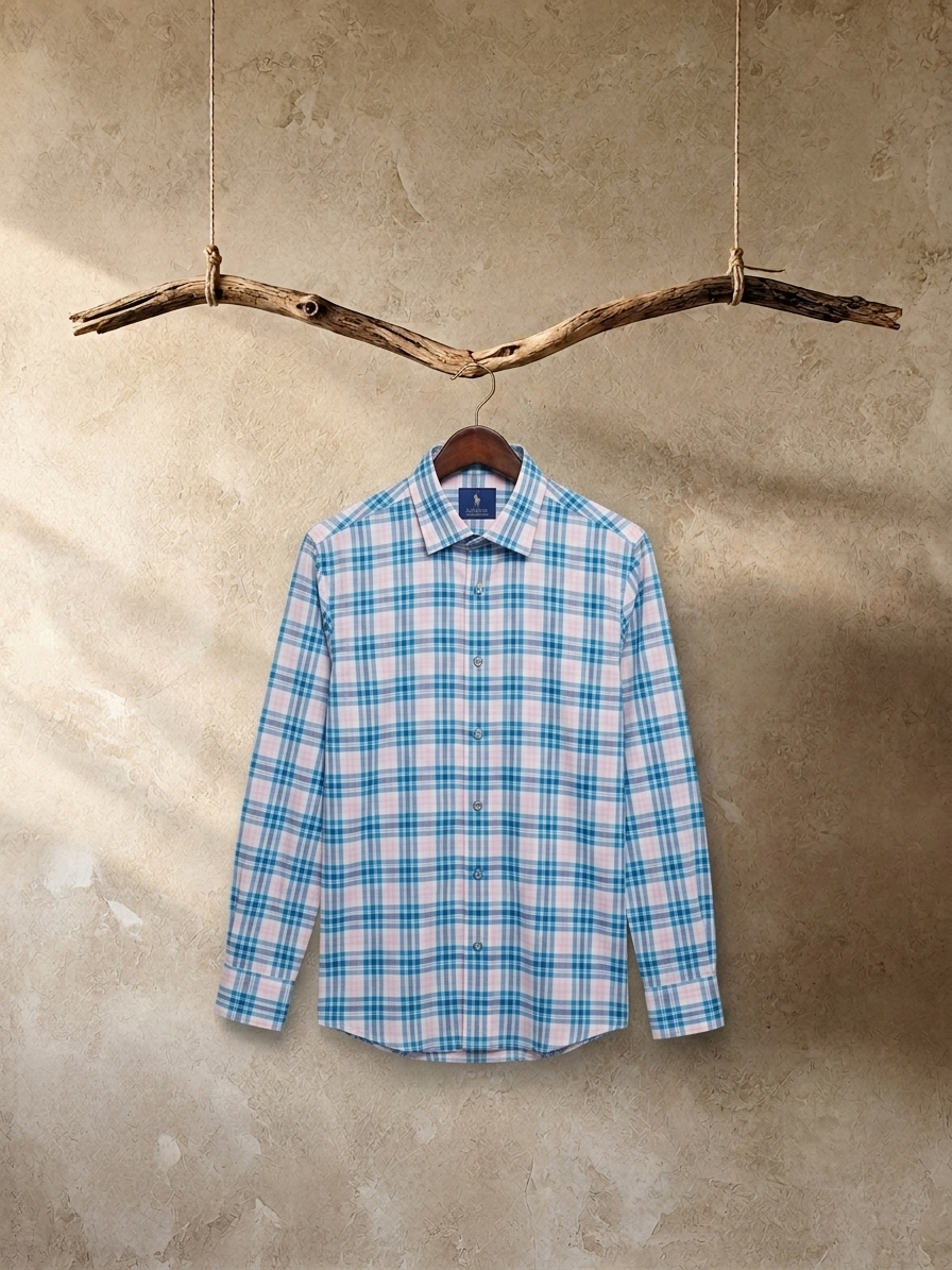 Light Blue and Soft Pink Plaid Check Long-Sleeve Shirt