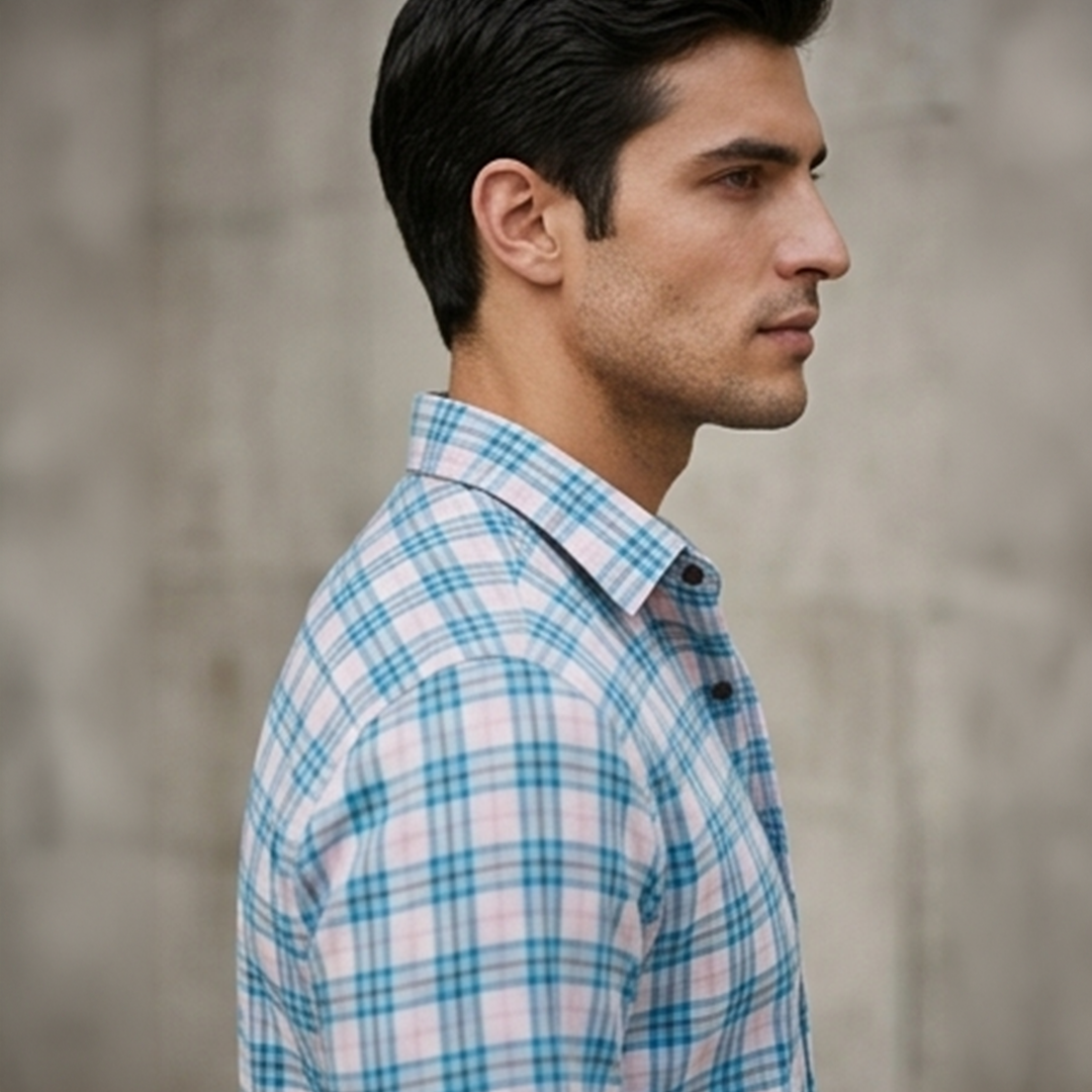 Light Blue and Soft Pink Plaid Check Long-Sleeve Shirt