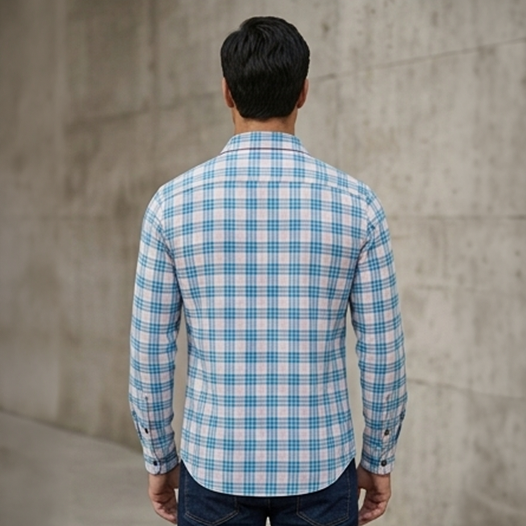 Light Blue and Soft Pink Plaid Check Long-Sleeve Shirt