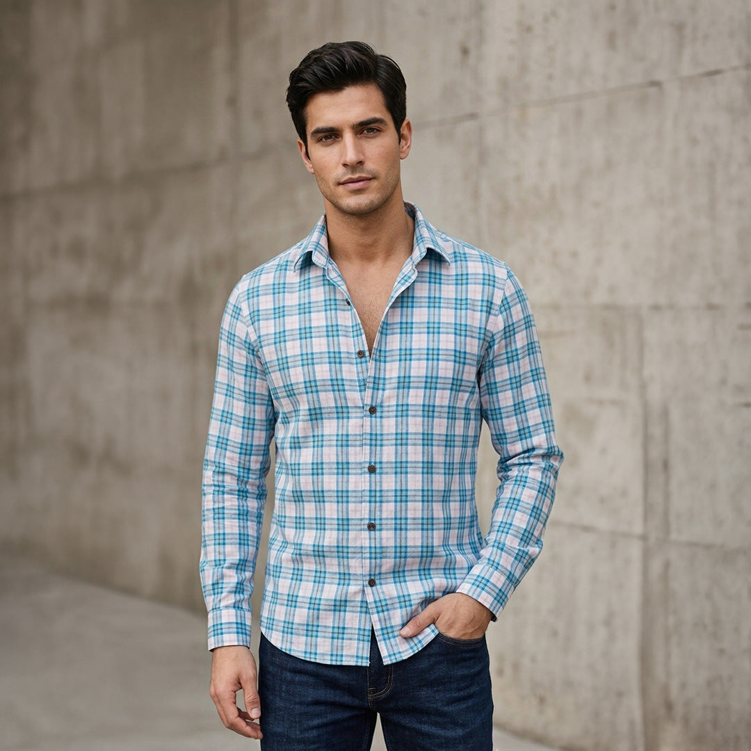 Light Blue and Soft Pink Plaid Check Long-Sleeve Shirt