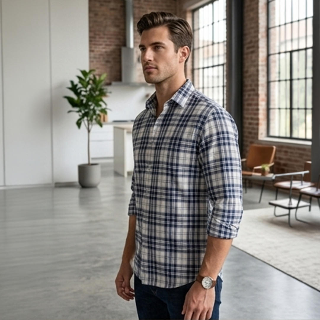 Navy Blue & Off-White Textured Plaid Flannel Long-Sleeve Shirt