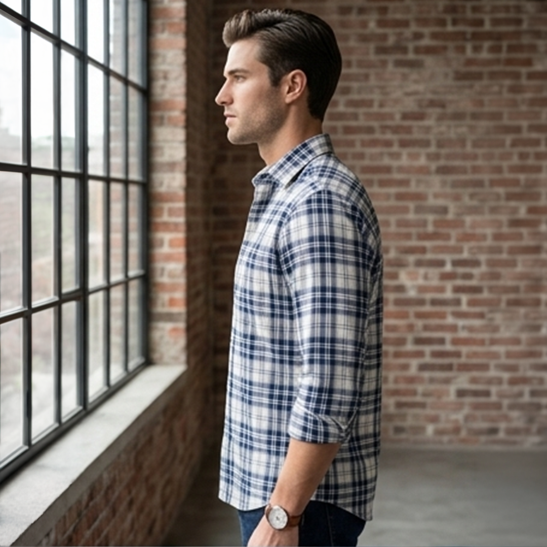 Navy Blue & Off-White Textured Plaid Flannel Long-Sleeve Shirt