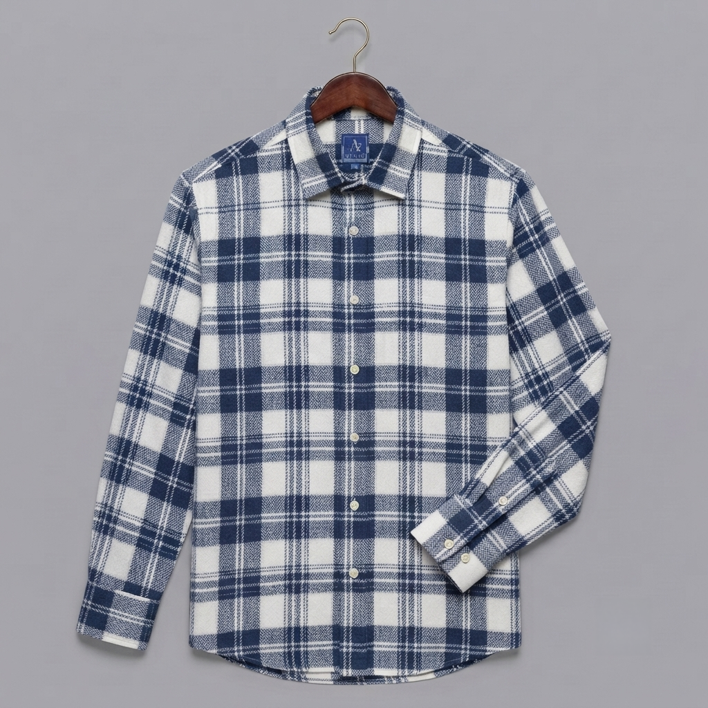 Navy Blue & Off-White Textured Plaid Flannel Long-Sleeve Shirt