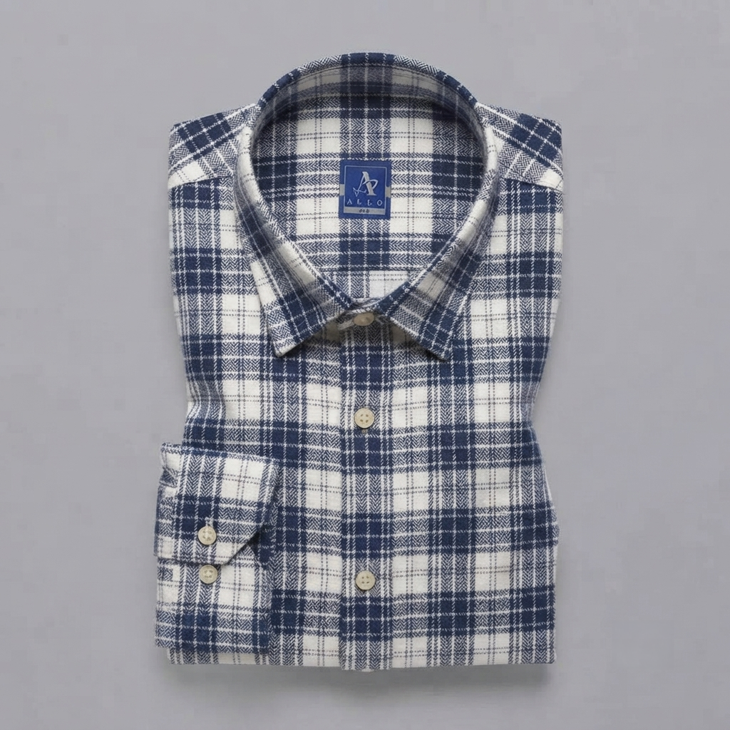 Navy Blue & Off-White Textured Plaid Flannel Long-Sleeve Shirt