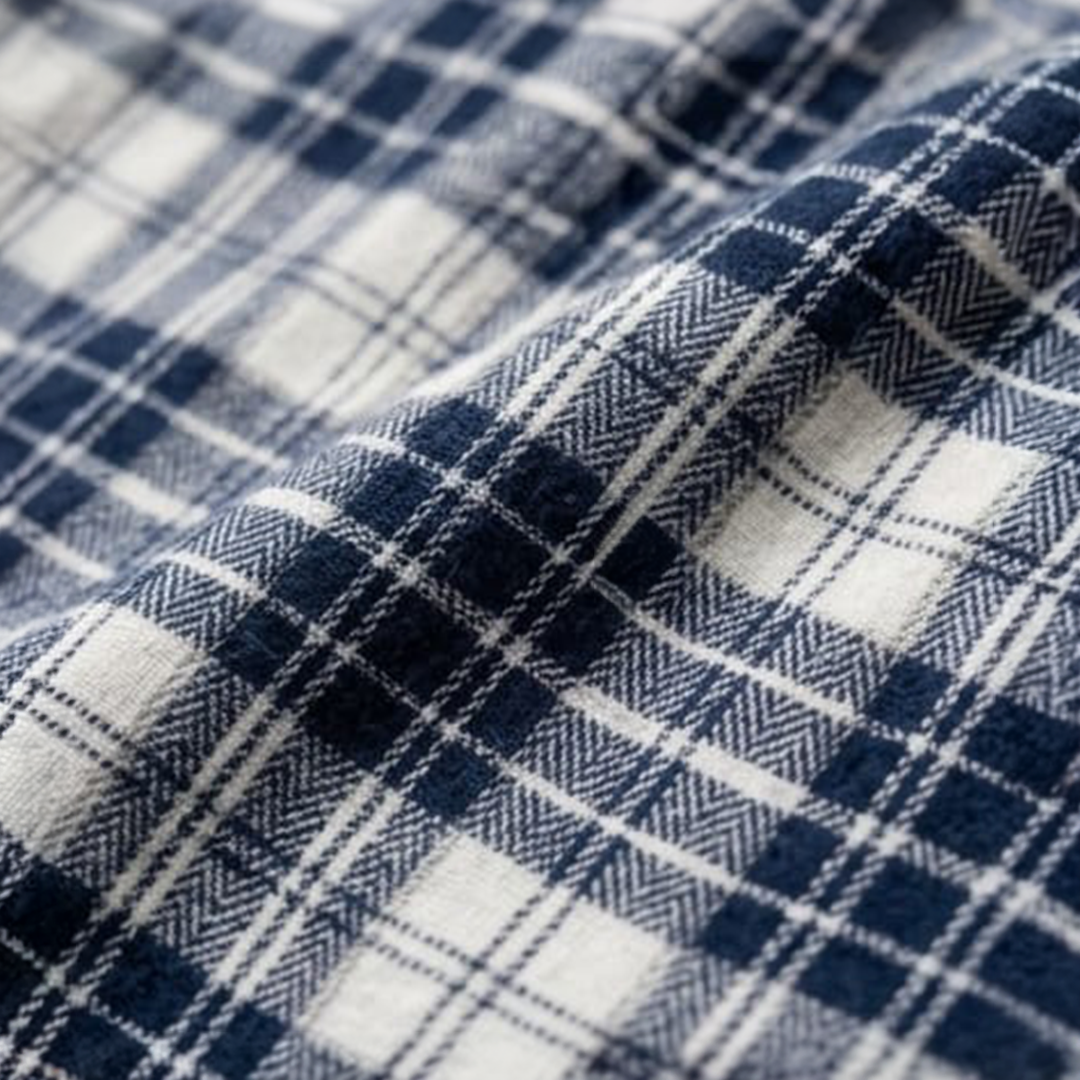 Navy Blue & Off-White Textured Plaid Flannel Long-Sleeve Shirt