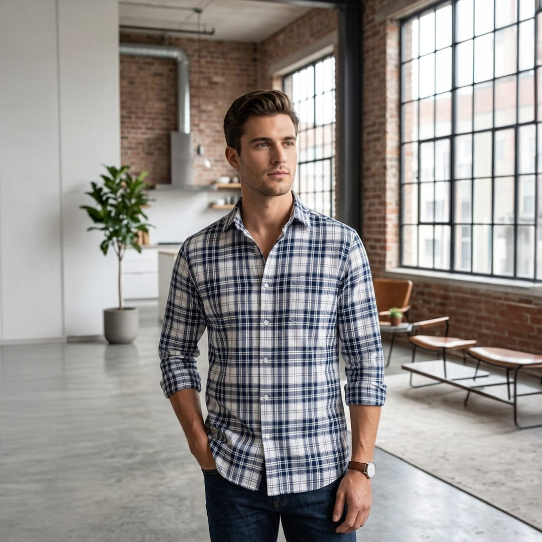 Navy Blue & Off-White Textured Plaid Flannel Long-Sleeve Shirt