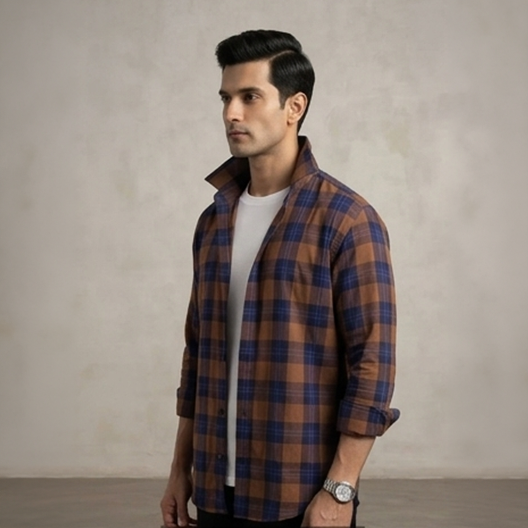 Brown & Blue Check Flannel Long-Sleeve Shirt