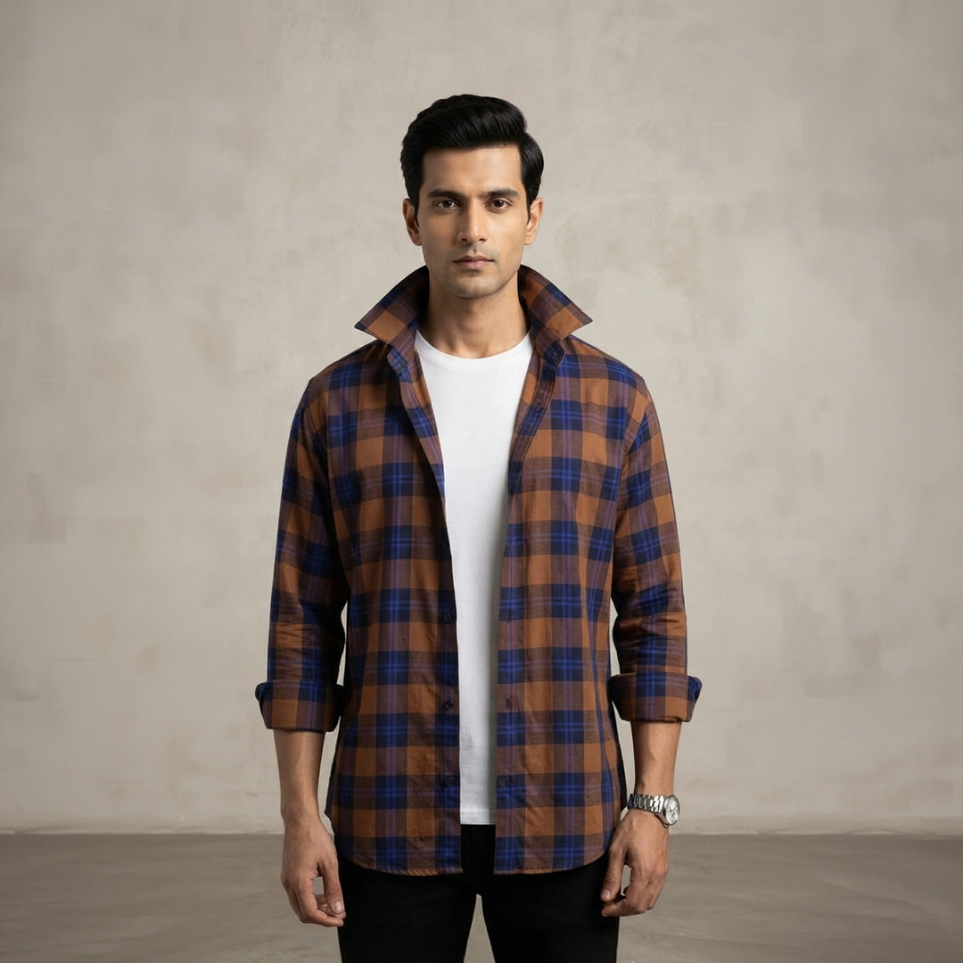 Brown & Blue Check Flannel Long-Sleeve Shirt