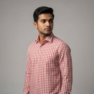 Coral Red & White Gingham Checked Casual Shirt