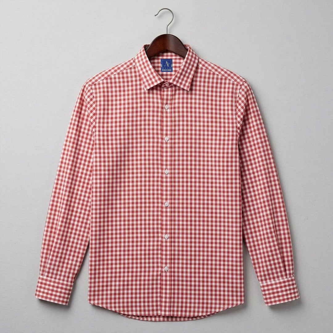 Coral Red & White Gingham Checked Casual Shirt