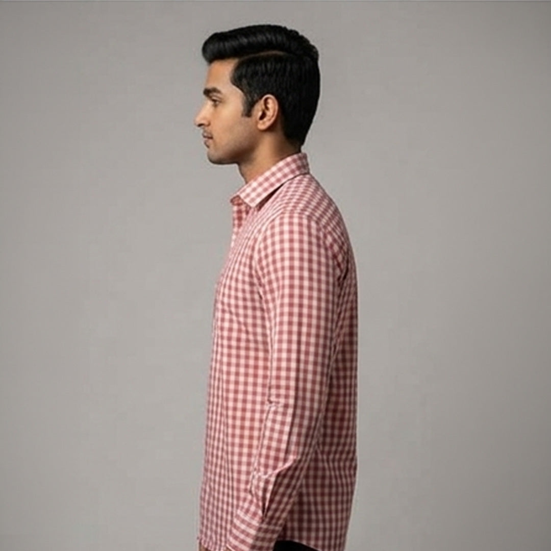 Coral Red & White Gingham Checked Casual Shirt