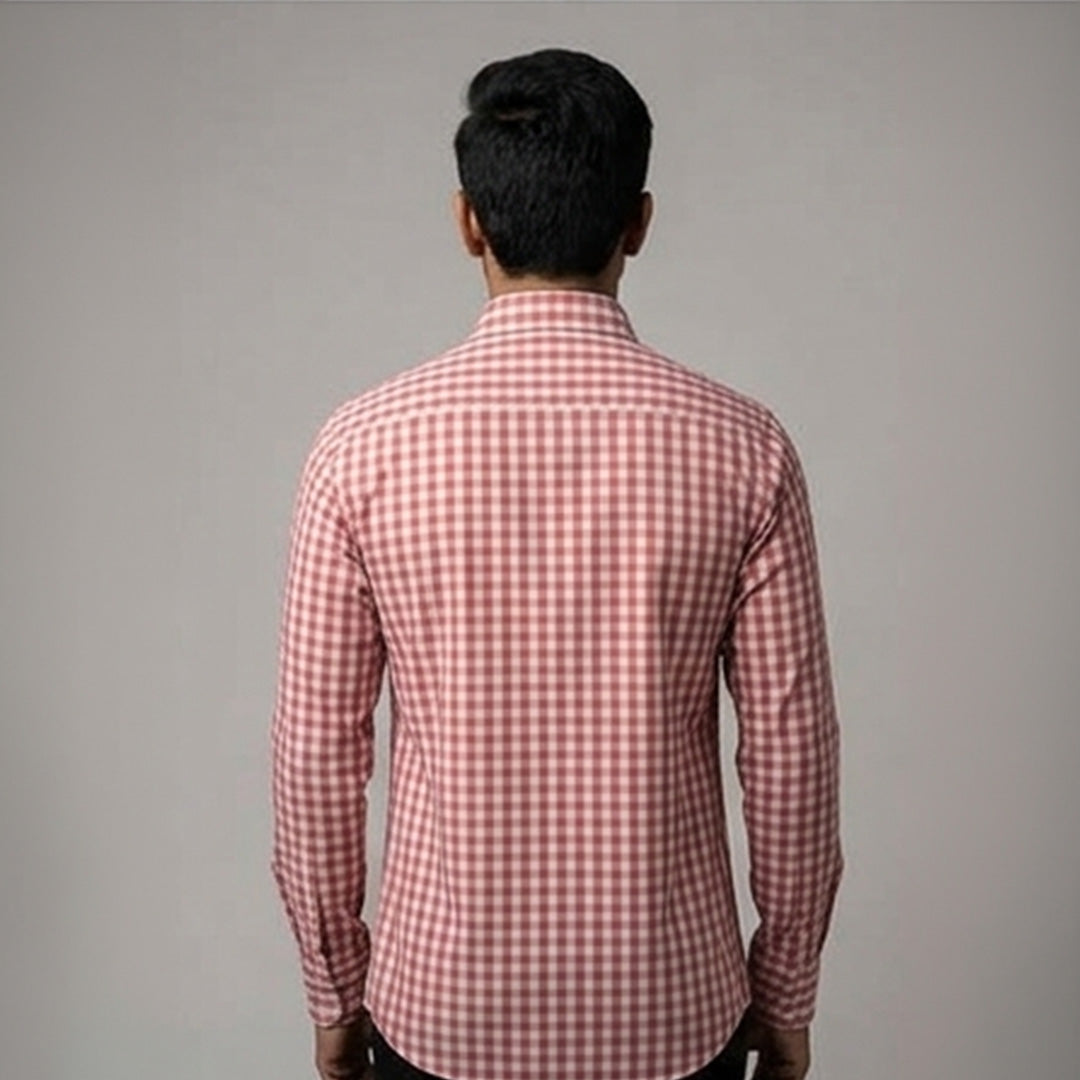 Coral Red & White Gingham Checked Casual Shirt