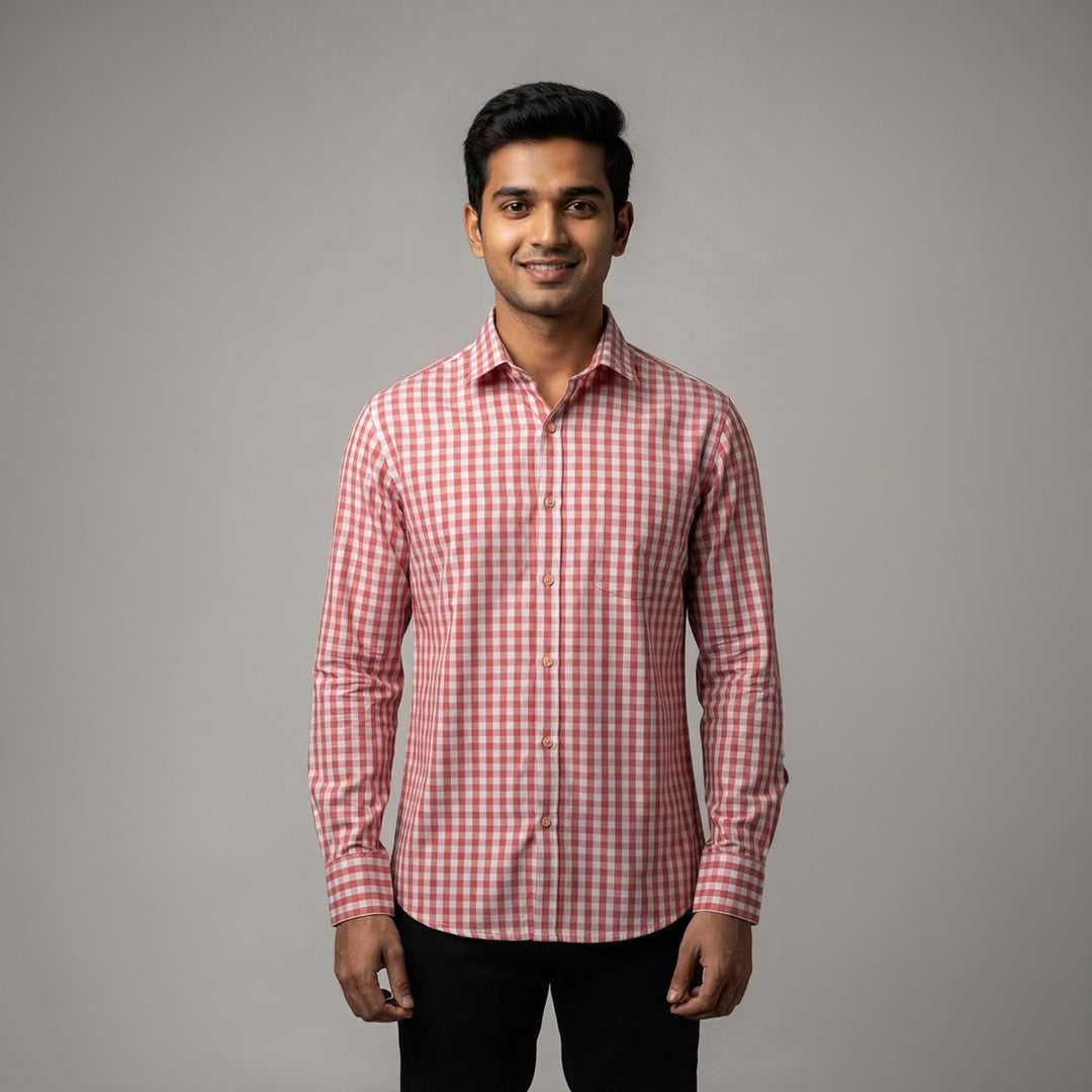 Coral Red & White Gingham Checked Casual Shirt