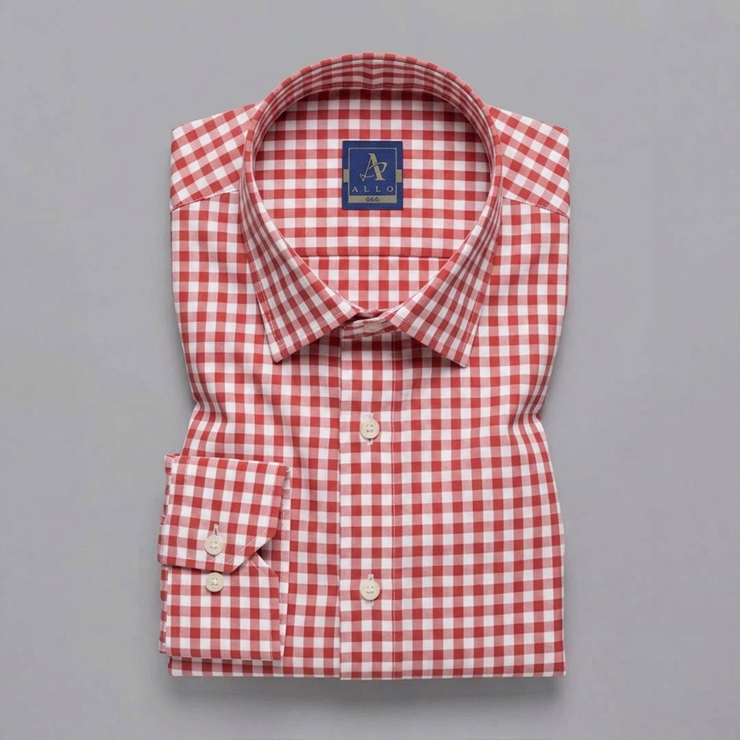 Coral Red & White Gingham Checked Casual Shirt