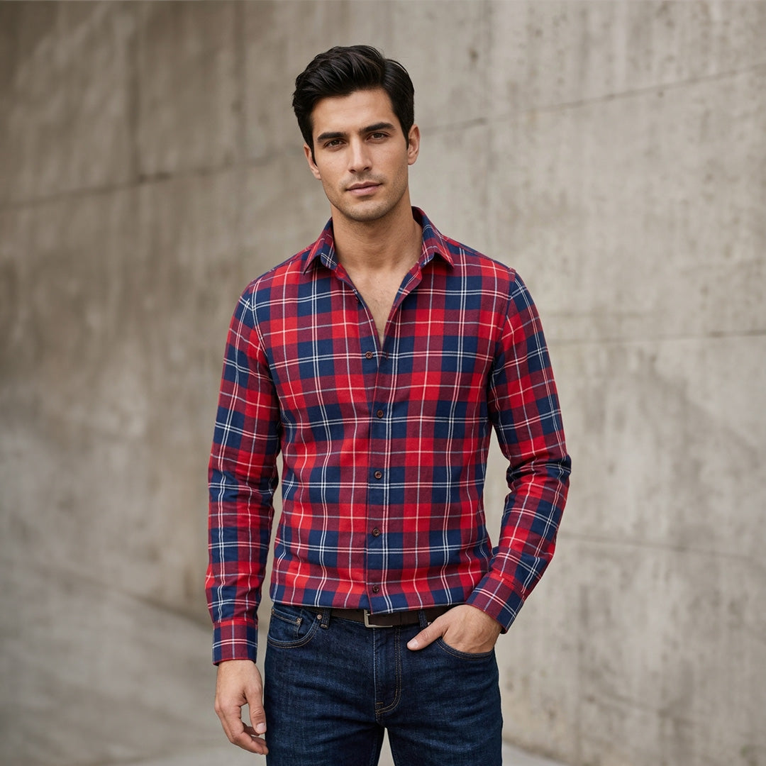 Red and Navy Plaid Flannel Long-Sleeve Shirt