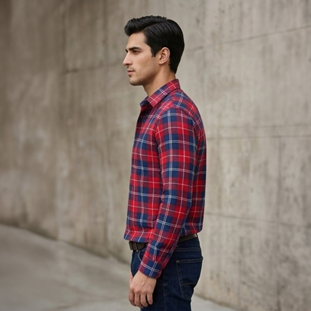 Red and Navy Plaid Flannel Long-Sleeve Shirt