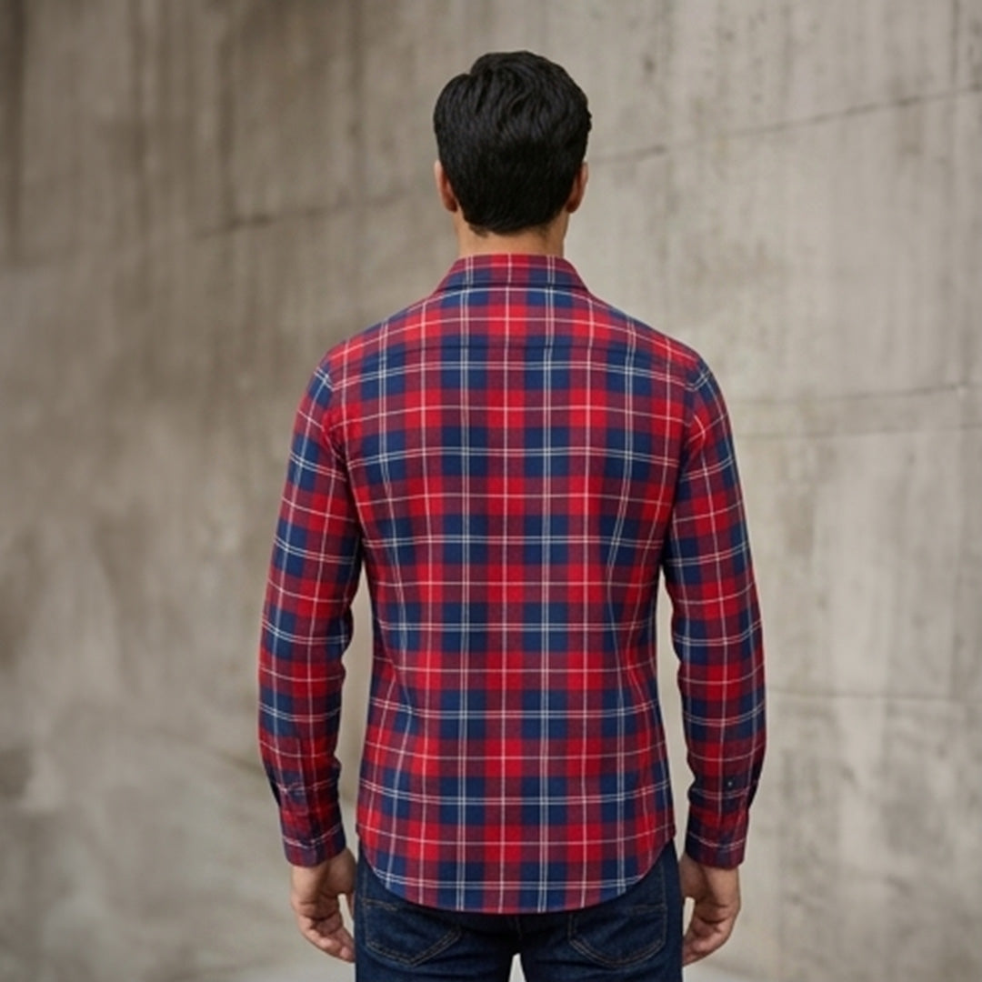 Red and Navy Plaid Flannel Long-Sleeve Shirt