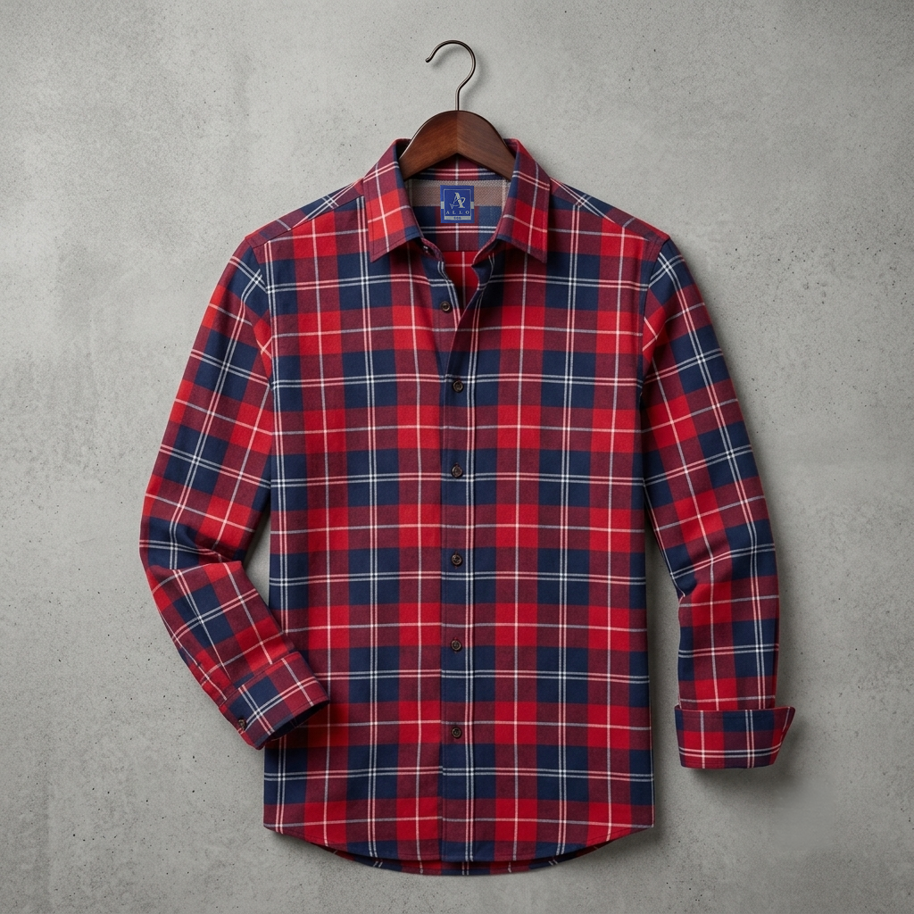 Red and Navy Plaid Flannel Long-Sleeve Shirt