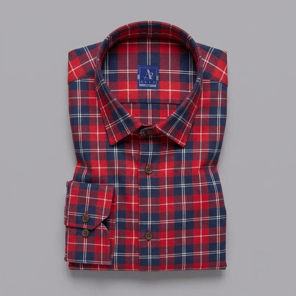 Red and Navy Plaid Flannel Long-Sleeve Shirt